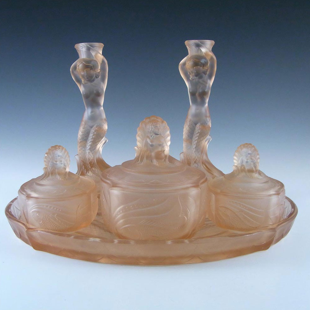 (image for) Walther & Söhne Art Deco Pink Glass 'Nymphen' Trinket Set - Click Image to Close