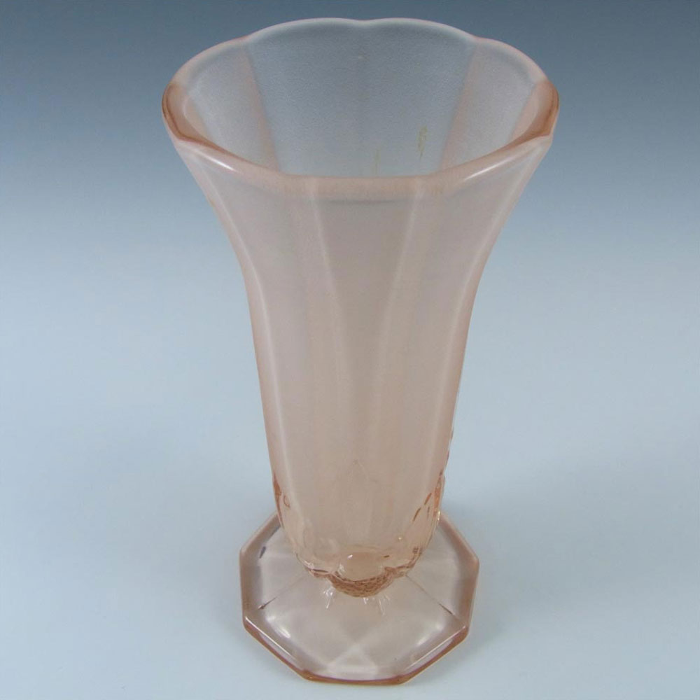 Jobling #11400 or Sowerby Pink Art Deco Glass Bird + Panel Vase - Click Image to Close