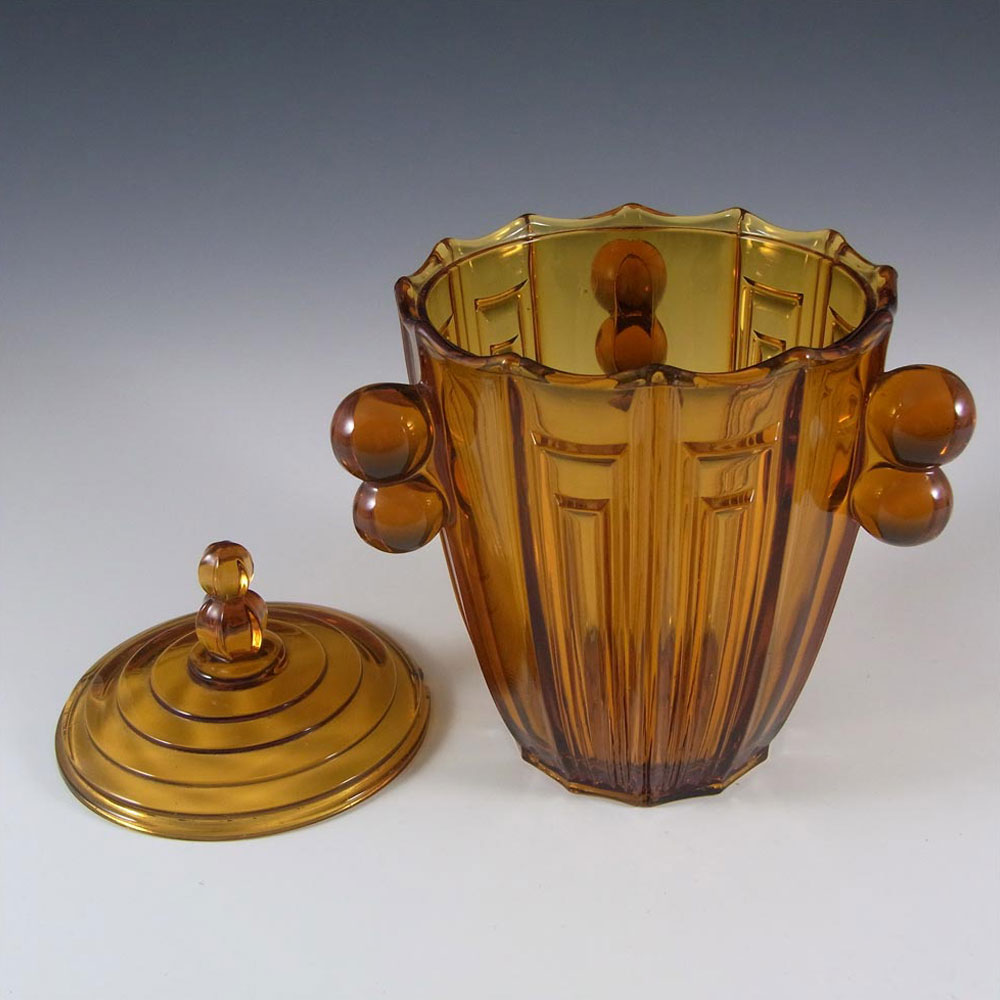 Czech Art Deco 1930's Amber Glass Lidded Bowl /Jar /Biscuit Barrel - Click Image to Close