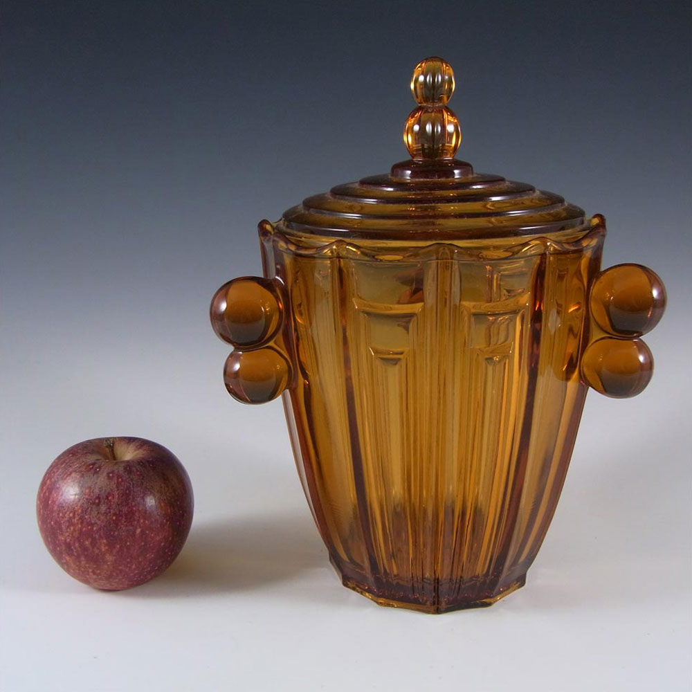 (image for) Czech Art Deco 1930's Amber Glass Lidded Bowl /Jar /Biscuit Barrel - Click Image to Close