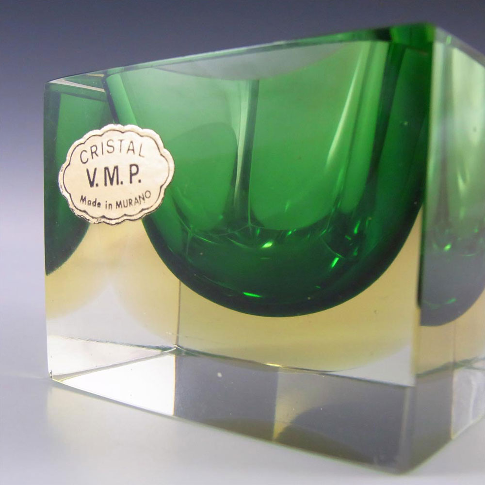 Murano Faceted Green & Amber Sommerso Glass Bowl - Label - Click Image to Close