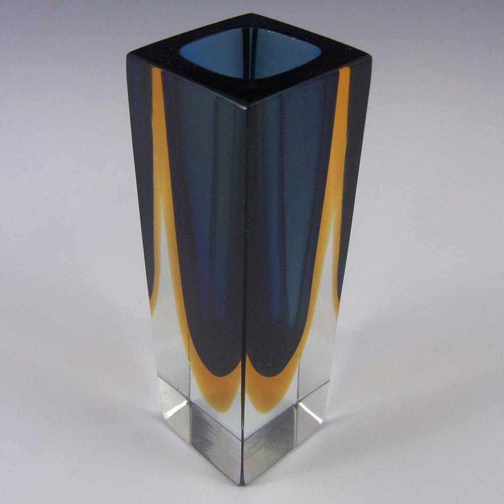 Murano Faceted Blue & Amber Sommerso Glass Block Vase - Click Image to Close