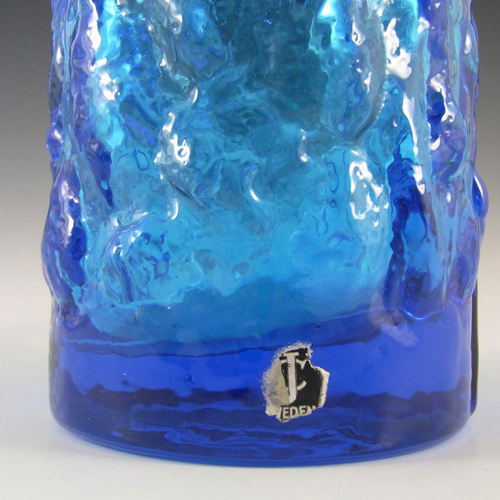 JC Swedish Blue Glass Bark Textured Vase - Labelled - Click Image to Close
