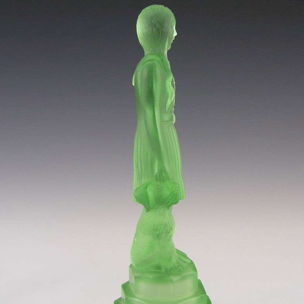 (image for) RARE Art Deco Uranium Green Glass Girl + Dog Figurine - Click Image to Close