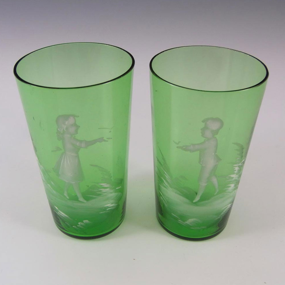 (image for) Mary Gregory Bohemian Hand Enamelled Green Glass Tumblers - Click Image to Close