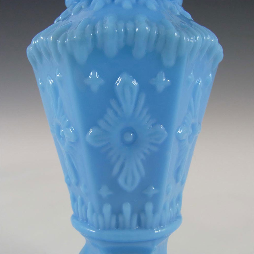 French Victorian Vintage Blue Milk Glass 'Crosses & Candles' Vase - Click Image to Close