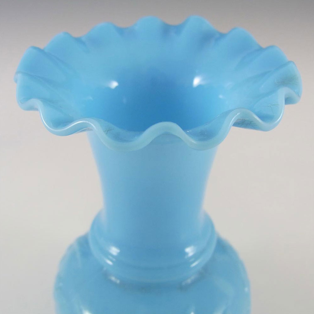 French Victorian Vintage Blue Milk Glass 'Floral' Vase - Click Image to Close