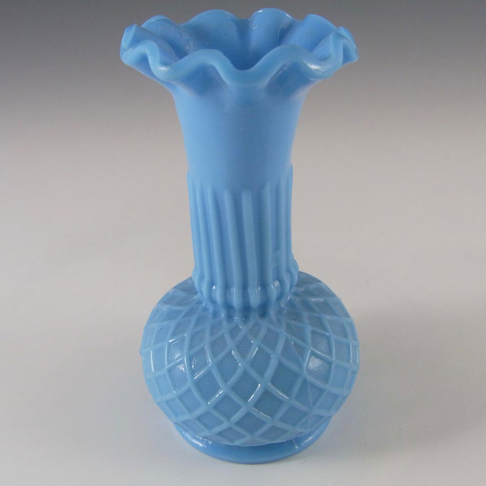 (image for) French Victorian Vintage Blue Milk Glass 'Diamond' Vase - Click Image to Close