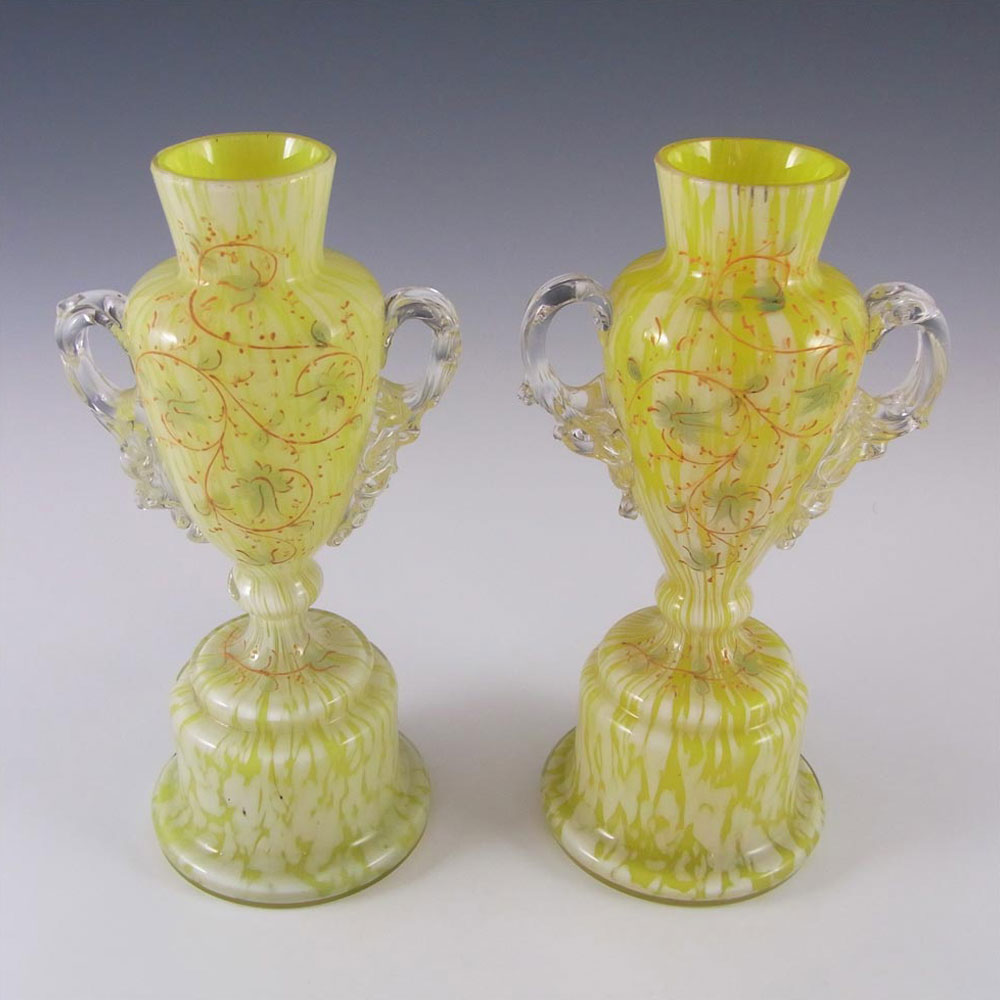 Pair of Welz Bohemian Lemon Yellow & White Spatter Glass Vases - Click Image to Close