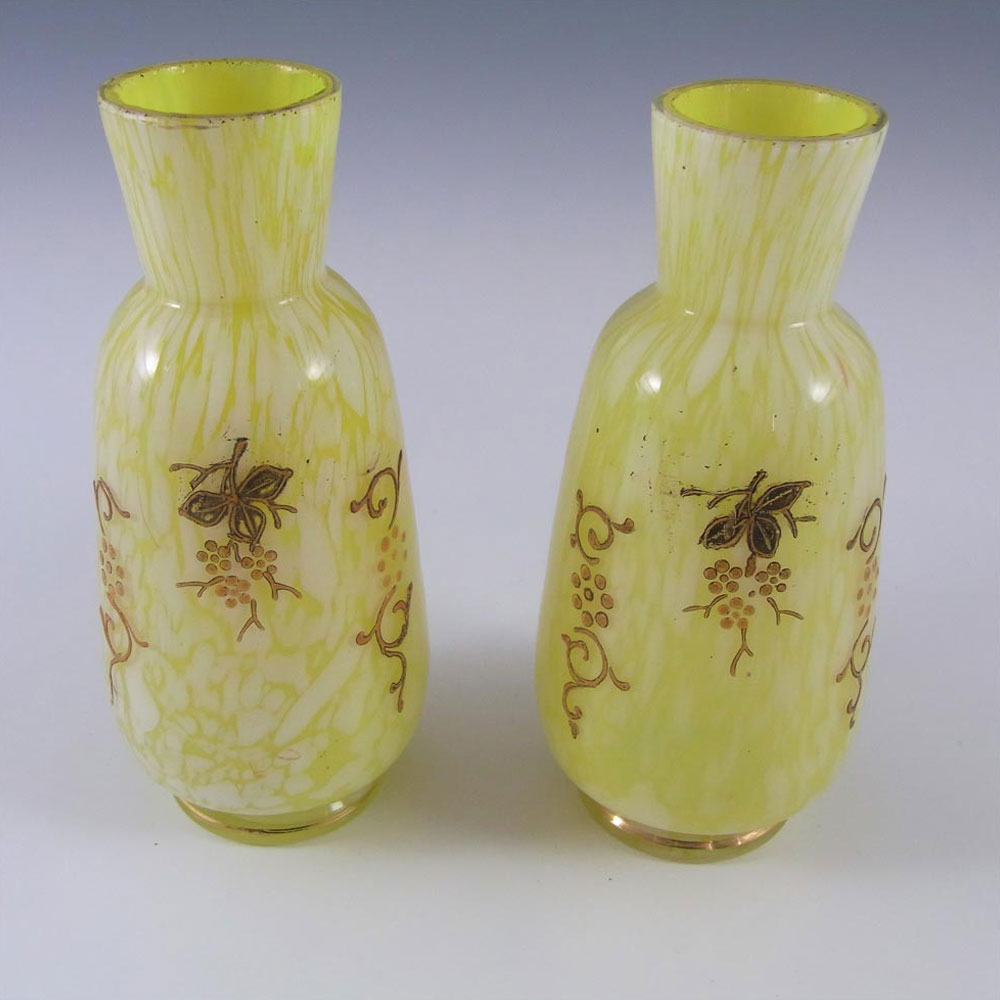 Pair of Welz Bohemian Lemon Yellow & White Spatter Glass Vases - Click Image to Close