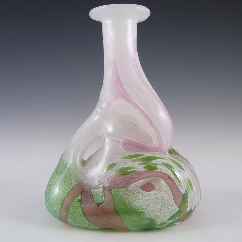 Mtarfa Maltese White, Pink & Green Glass Vase - Signed - Click Image to Close
