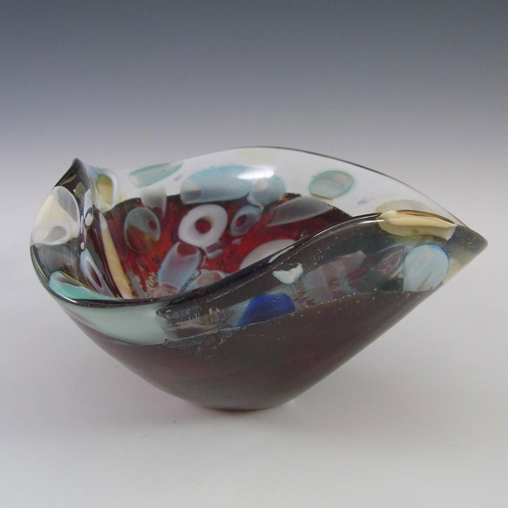 Murano Silver Leaf + Murrine Canes Red Glass Bowl - Click Image to Close