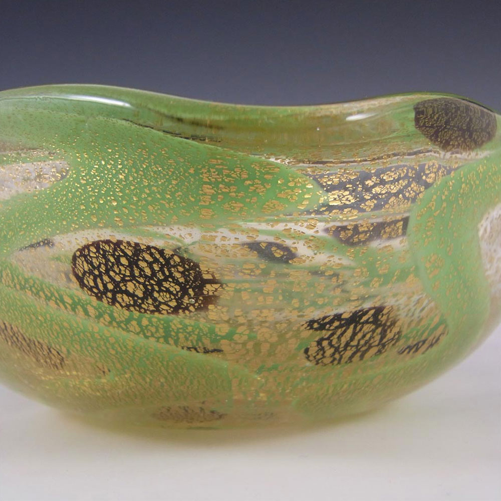 Murano Green, Black & Gold Leaf Glass Zig Zag Bowl - Click Image to Close