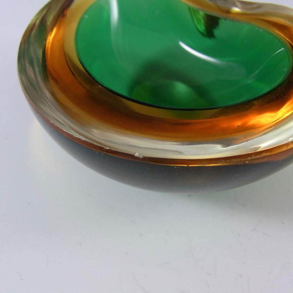 Murano Geode Green & Amber Sommerso Glass Kidney Bowl - Click Image to Close