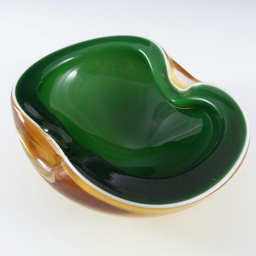 Barbini Murano Green, White & Amber Glass Biomorphic Bowl - Click Image to Close