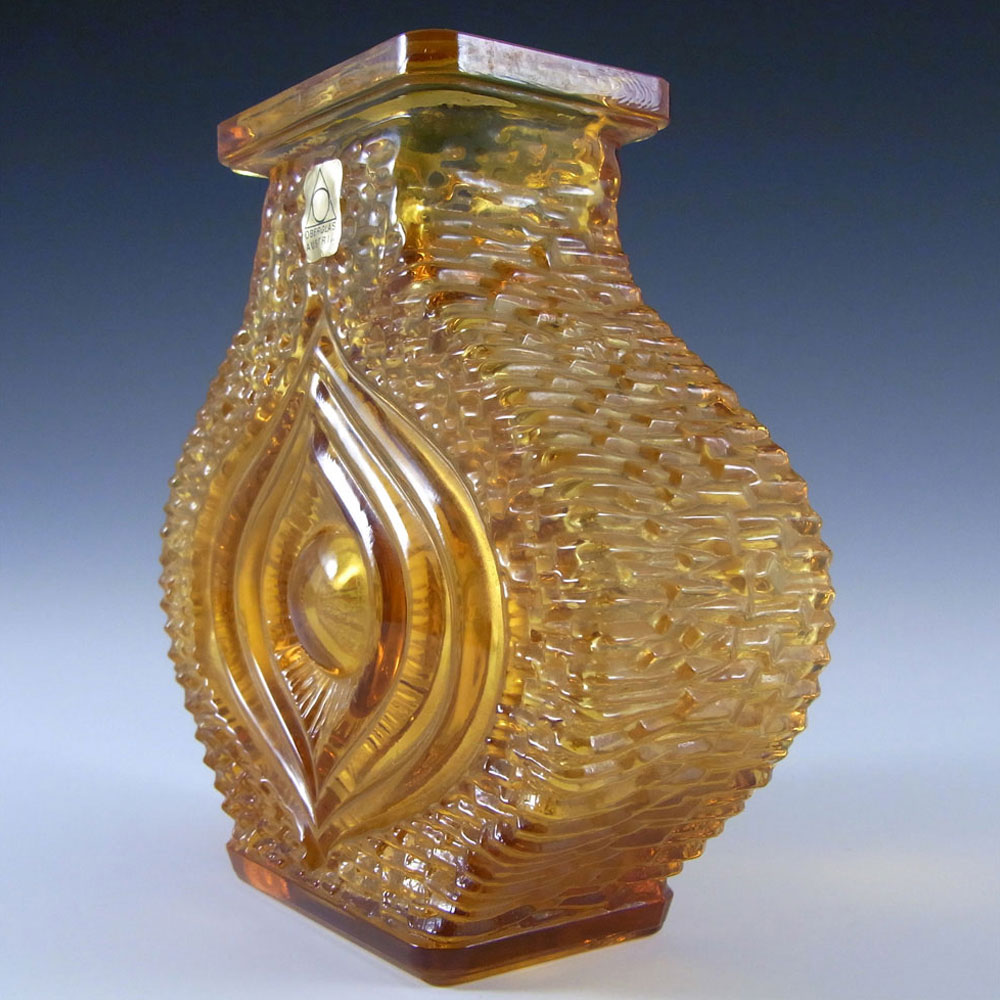 Oberglas Amber Glass Textured 'Eye' Vase - Labelled - Click Image to Close