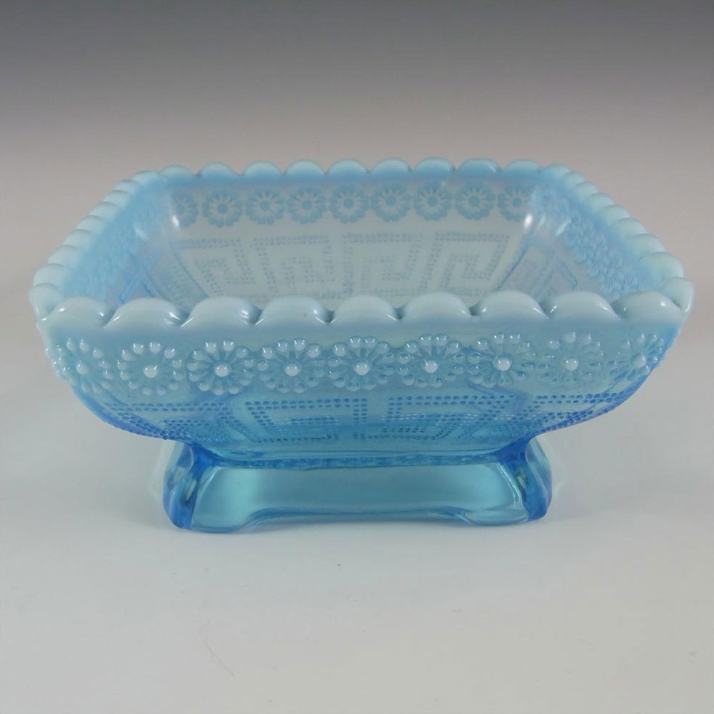 Victorian Blue Pearline Glass 'Daisy + Greek Key' Bowl - Click Image to Close