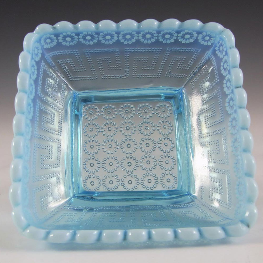 Victorian Blue Pearline Glass 'Daisy + Greek Key' Bowl - Click Image to Close