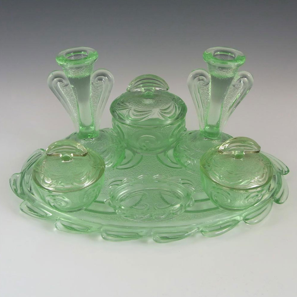 Bagley #3078 Art Deco Green Glass 'Rutland' Trinket Set - Click Image to Close