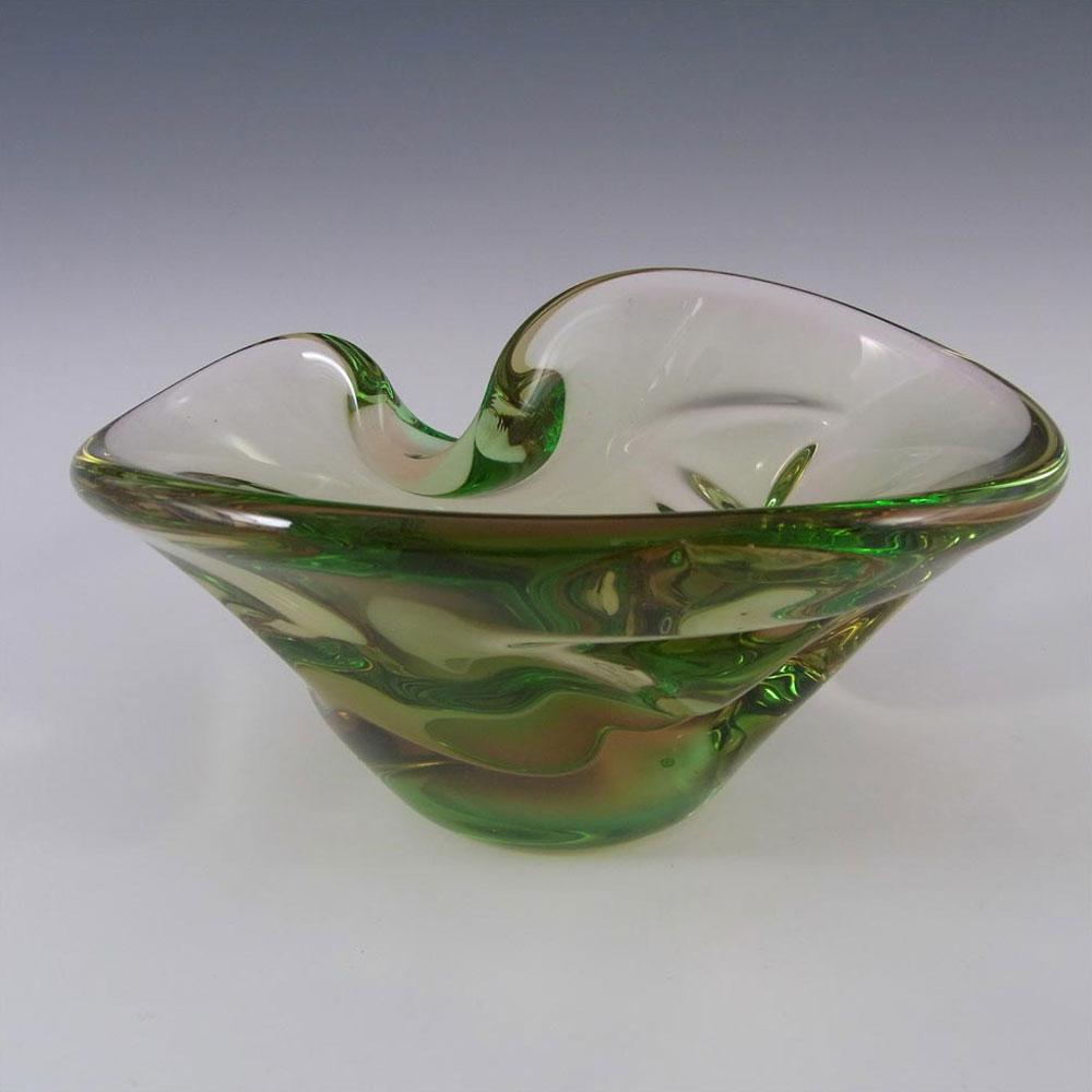 (image for) Skrdlovice Czech 1960's Amber + Green Cased Glass Bowl - Click Image to Close