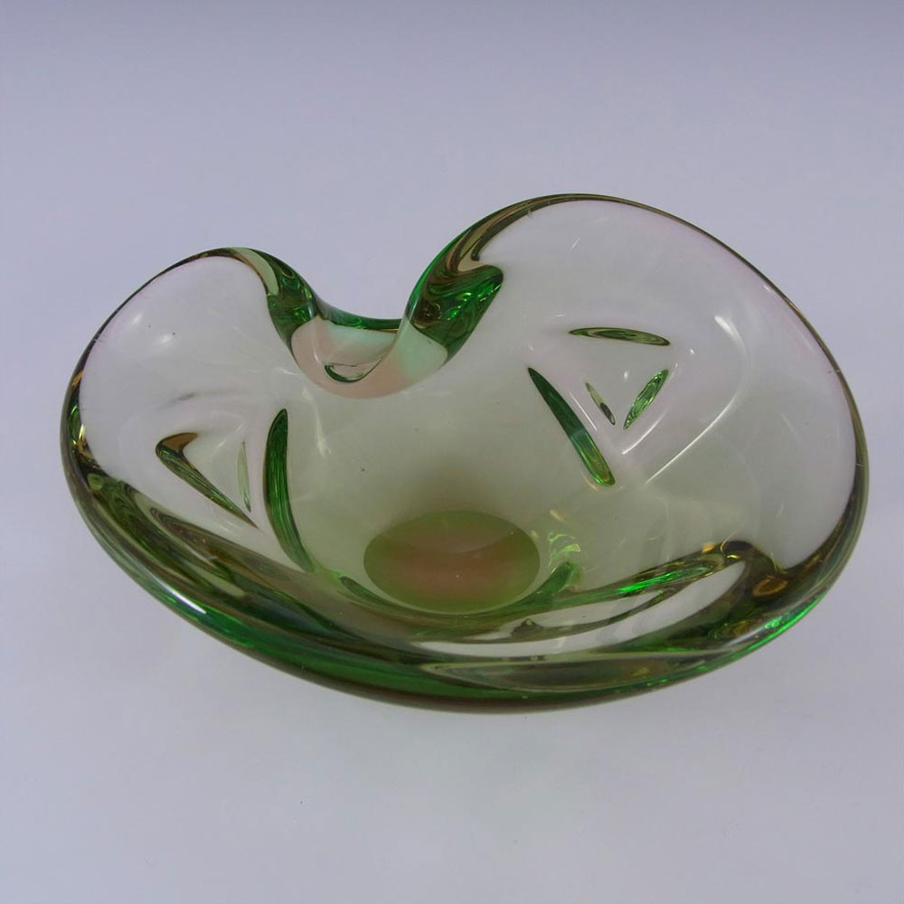 Skrdlovice Czech 1960's Amber + Green Cased Glass Bowl - Click Image to Close