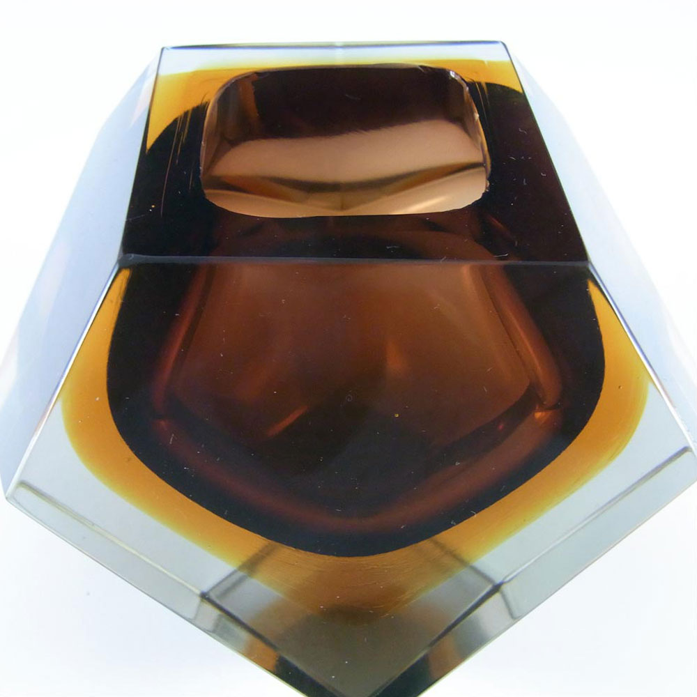 (image for) Murano Faceted Brown & Amber Sommerso Glass Block Bowl - Click Image to Close
