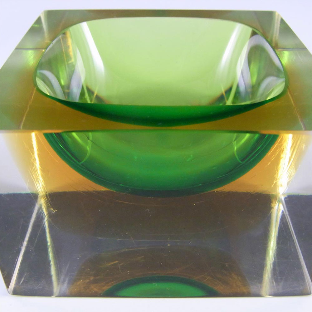 Murano Faceted Green & Amber Sommerso Glass Block Bowl - Click Image to Close
