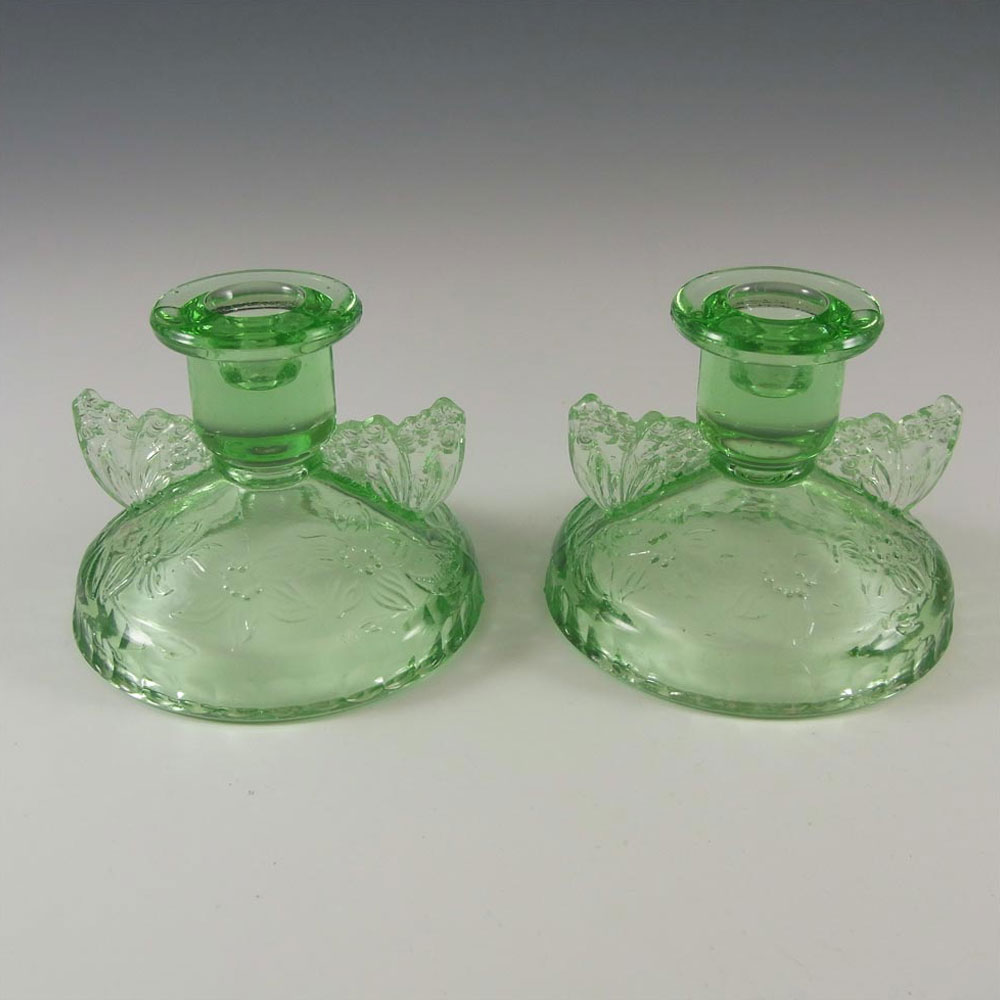 Sowerby Art Deco 1930's Green Glass Butterfly Candlesticks - Click Image to Close