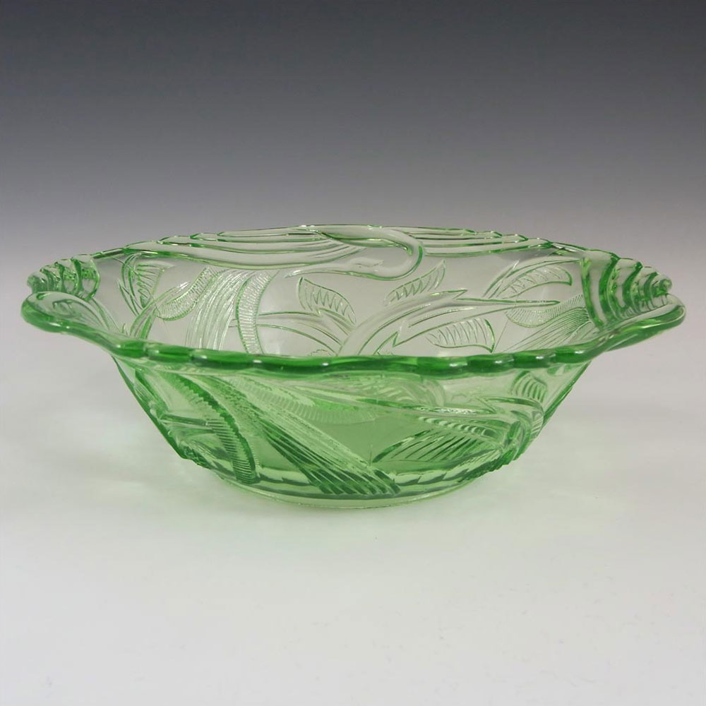 Art Deco 1930's Uranium Green Glass 'Heron' Bowl - Click Image to Close