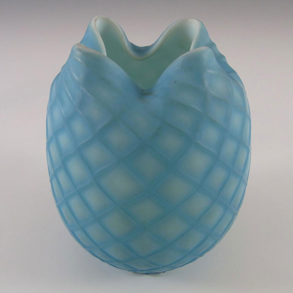 Victorian Style Satin Cased Glass Blue & White Diamond Quilted Vase - Click Image to Close