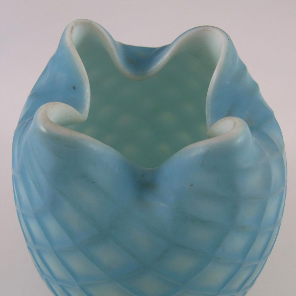 Victorian Style Satin Cased Glass Blue & White Diamond Quilted Vase - Click Image to Close