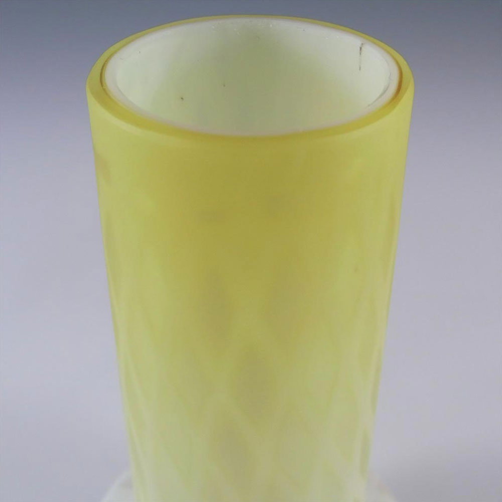Victorian Satin Air Trap Yellow & White Glass Antique Vase - Click Image to Close