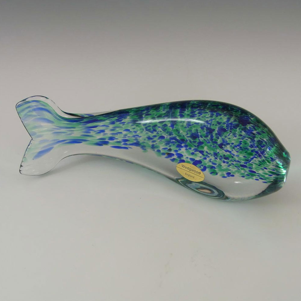 Wedgwood Green + Blue Glass Fish Paperweight - Marked - Click Image to Close