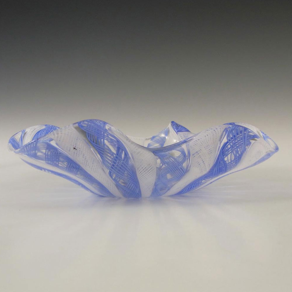 Murano Blue & White Glass Zanfirico Filigree Bowl - Click Image to Close