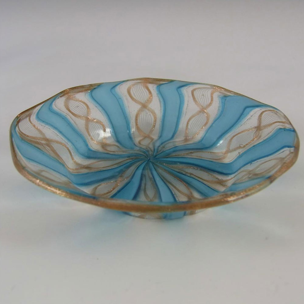 (image for) Murano Zanfirico Filigree Blue Ribbon Glass Plate / Dish - Click Image to Close