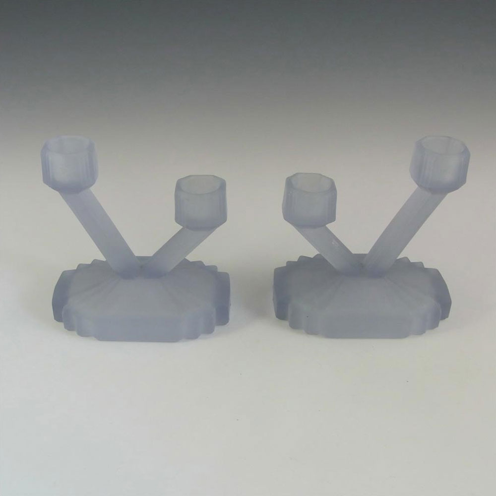 (image for) Bagley #3057 Art Deco Frosted Blue Glass 'Bedford' Candlesticks - Click Image to Close