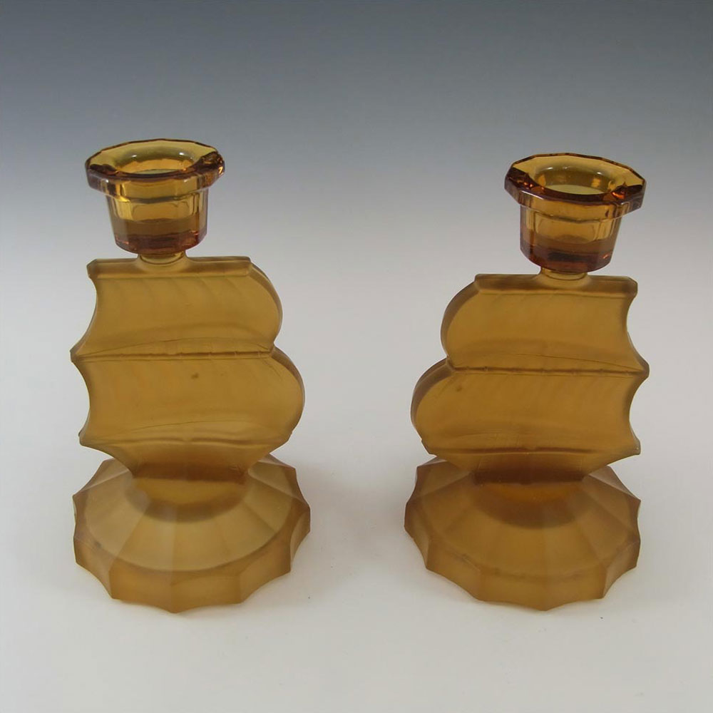 (image for) Art Deco Frosted Amber Glass Sailing Ships Candlesticks - Click Image to Close