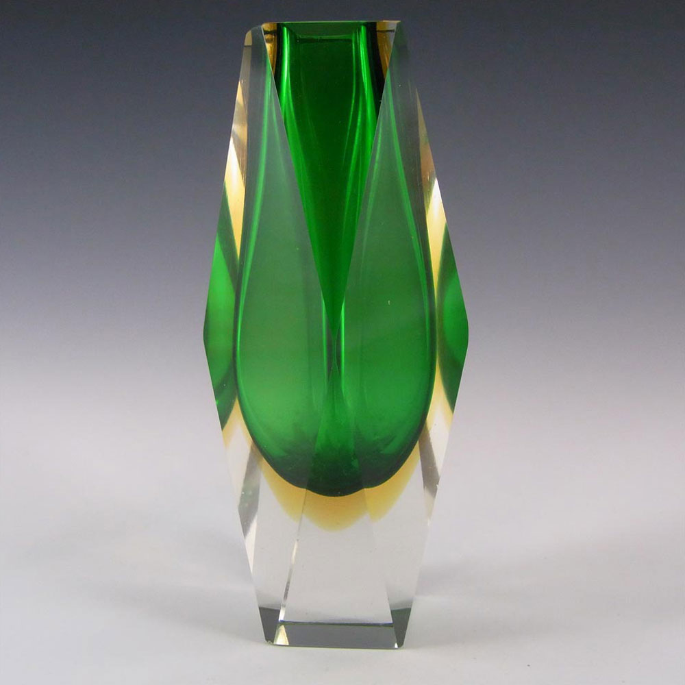Murano Faceted Green & Amber Sommerso Glass Block Vase - Click Image to Close