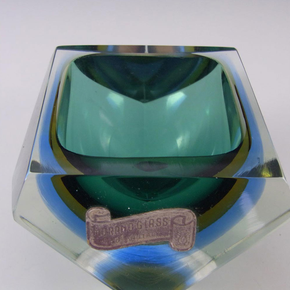 Murano Faceted Green & Blue Sommerso Glass Block Bowl - Click Image to Close