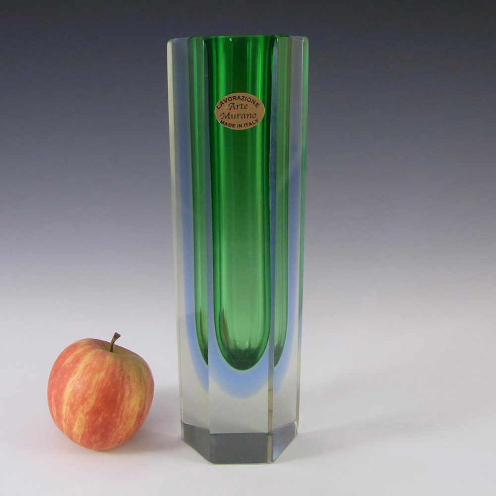 (image for) Murano 8" Faceted Green & Blue Sommerso Glass Block Vase - Click Image to Close