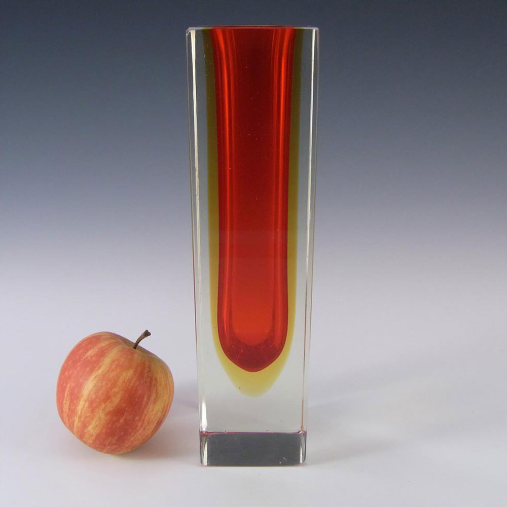 (image for) Murano 8" Faceted Red & Amber Sommerso Glass Block Vase - Click Image to Close