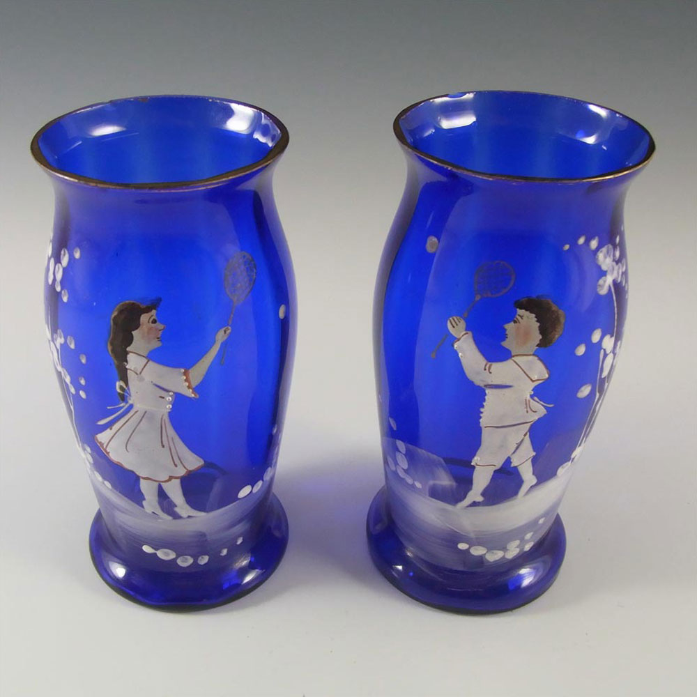 (image for) Mary Gregory Bohemian Hand Enamelled Blue Glass Vases - Click Image to Close