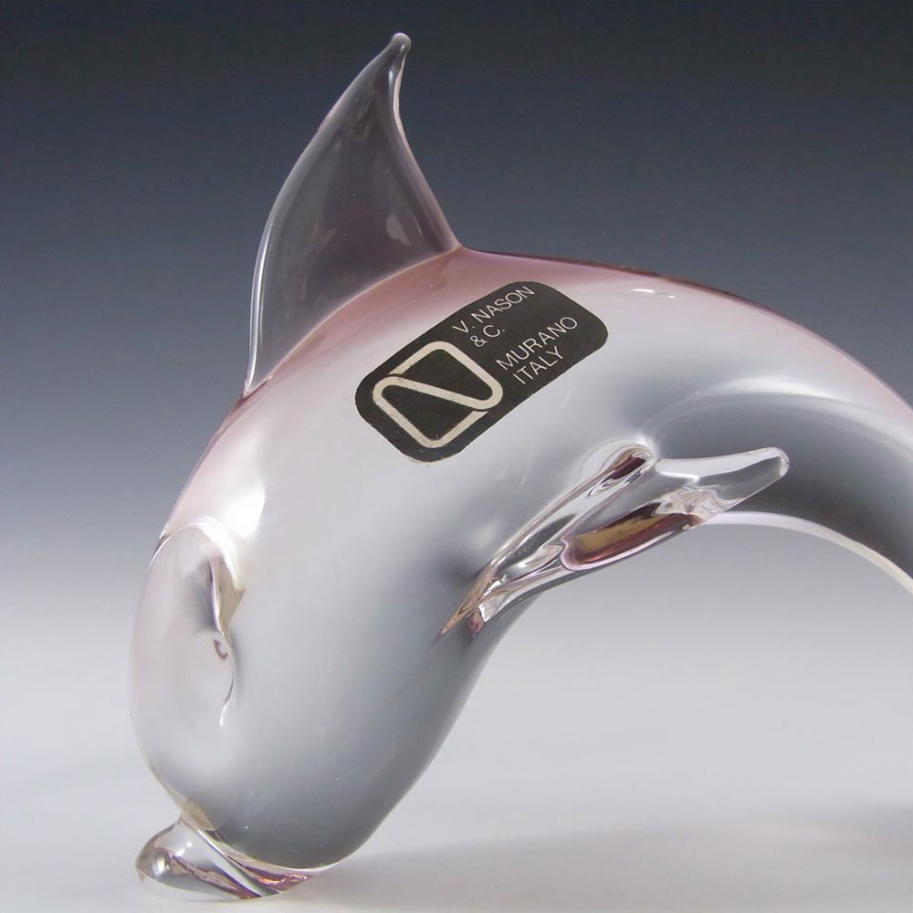V. Nason & Co Murano Pink Glass Dolphin Sculpture - Label - Click Image to Close