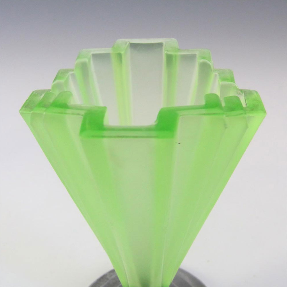 Bagley #334 Art Deco 4.5" Uranium Green Glass & Chrome 'Grantham' Vase - Click Image to Close