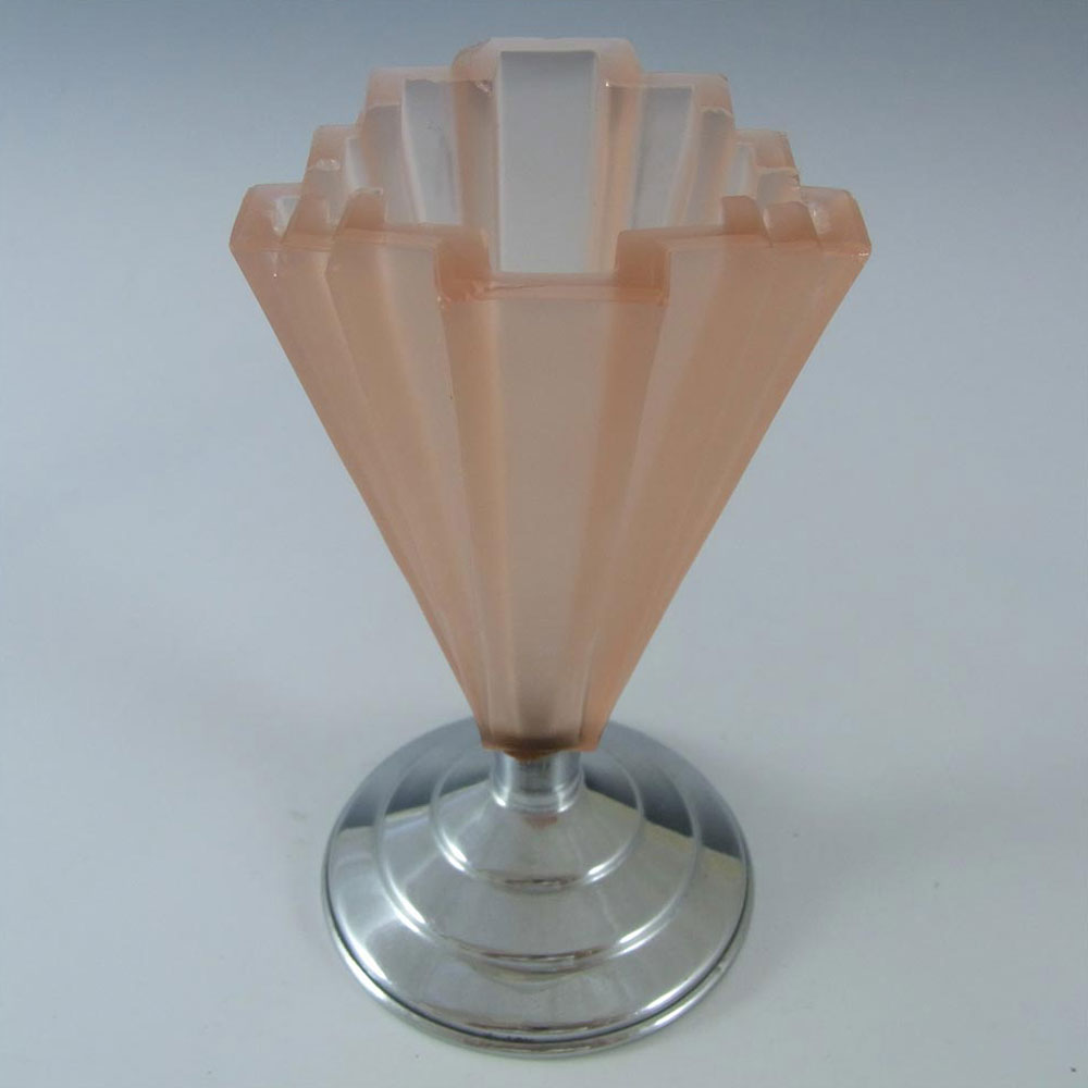 Bagley #334 Art Deco 4.75" Pink Glass & Chrome 'Grantham' Vase - Click Image to Close