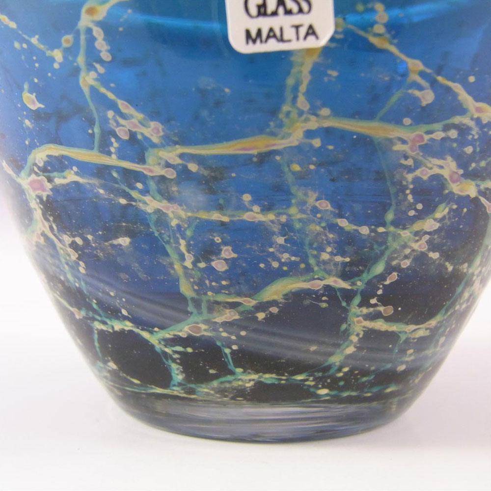 Mdina 'Blue Crizzle' Maltese Blue & Yellow Glass Vase/Bowl - Labelled - Click Image to Close