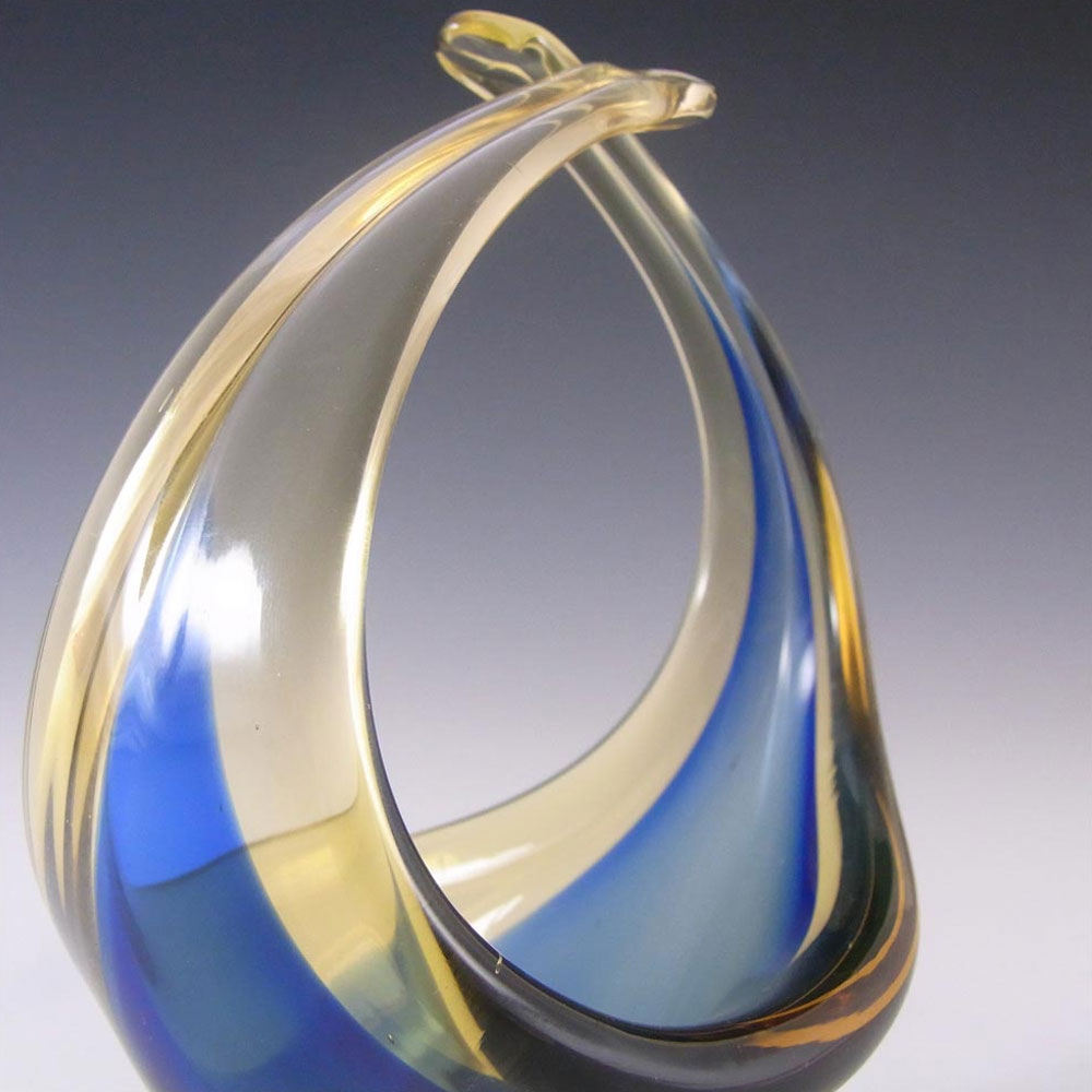 Murano Blue/Amber Cased Glass Organic Sculpture Bowl - Click Image to Close