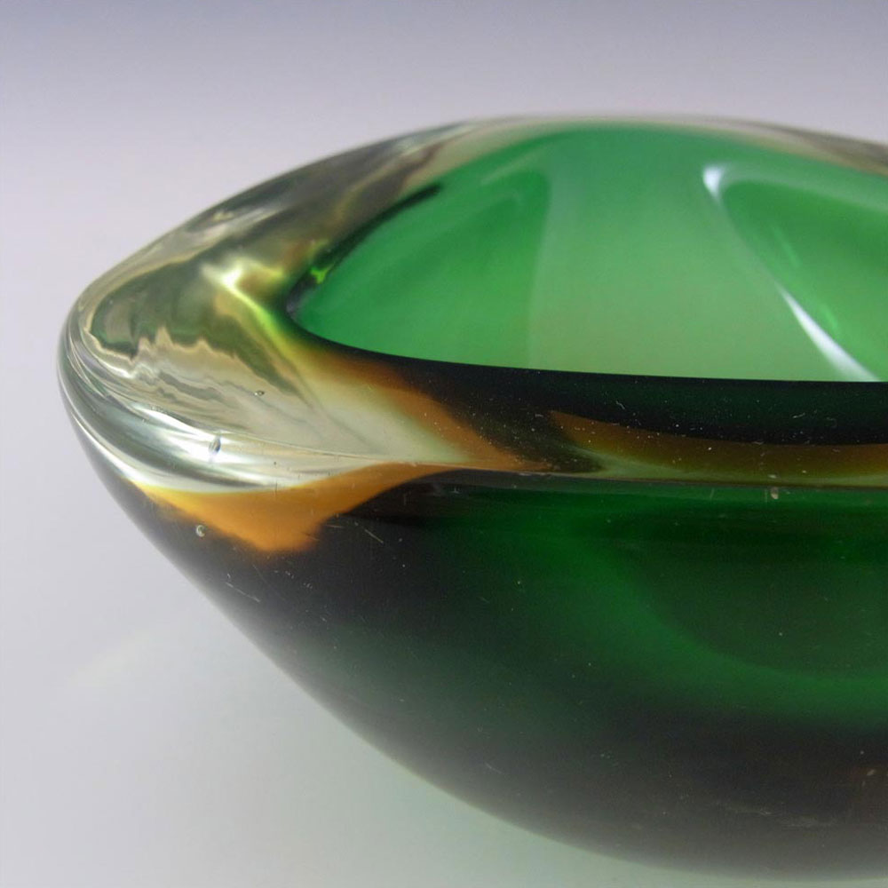 Murano Geode Green & Amber Sommerso Glass Triangle Bowl - Click Image to Close