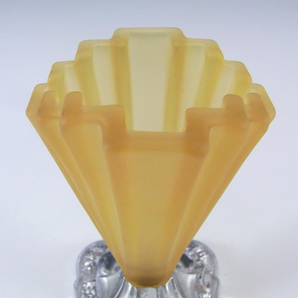 Bagley #334 Art Deco 4.5" Amber Glass & Chrome 'Grantham' Vase - Click Image to Close