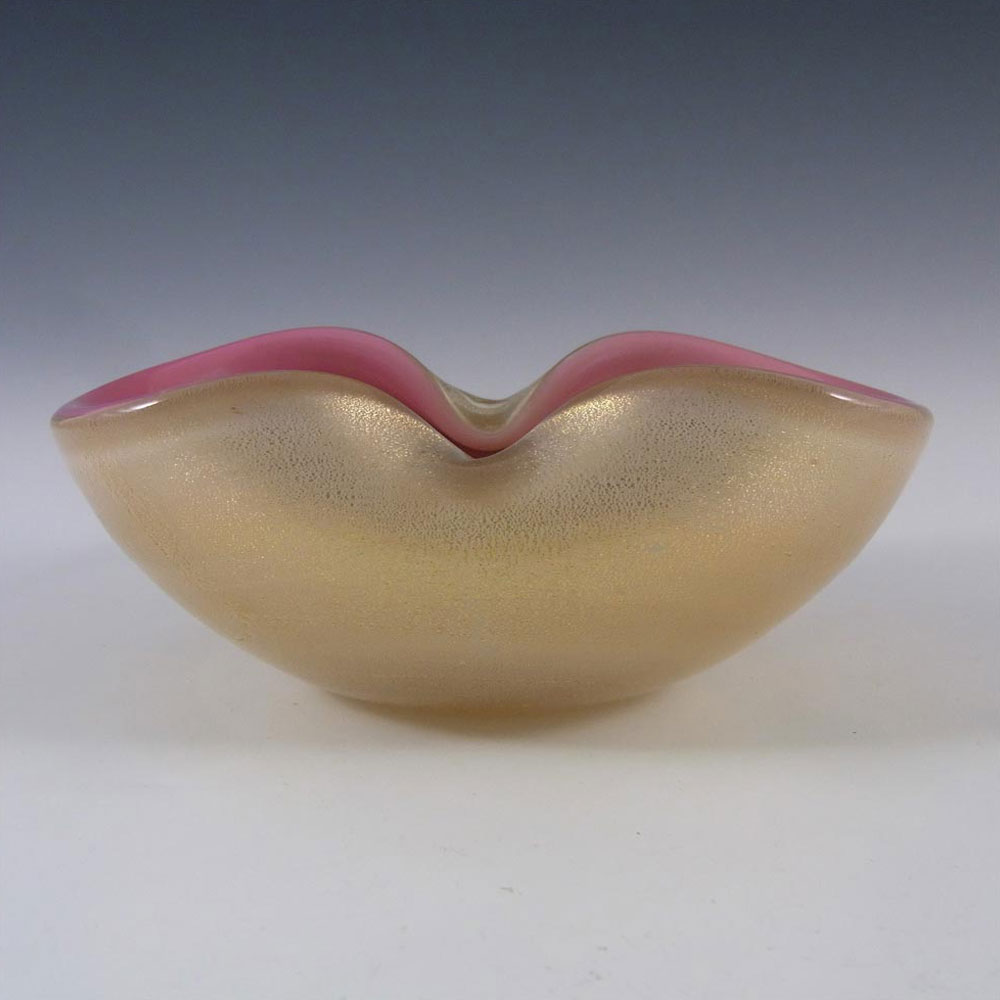 Archimede Seguso Murano Biomorphic Pink & White Glass Gold Leaf Bowl - Click Image to Close